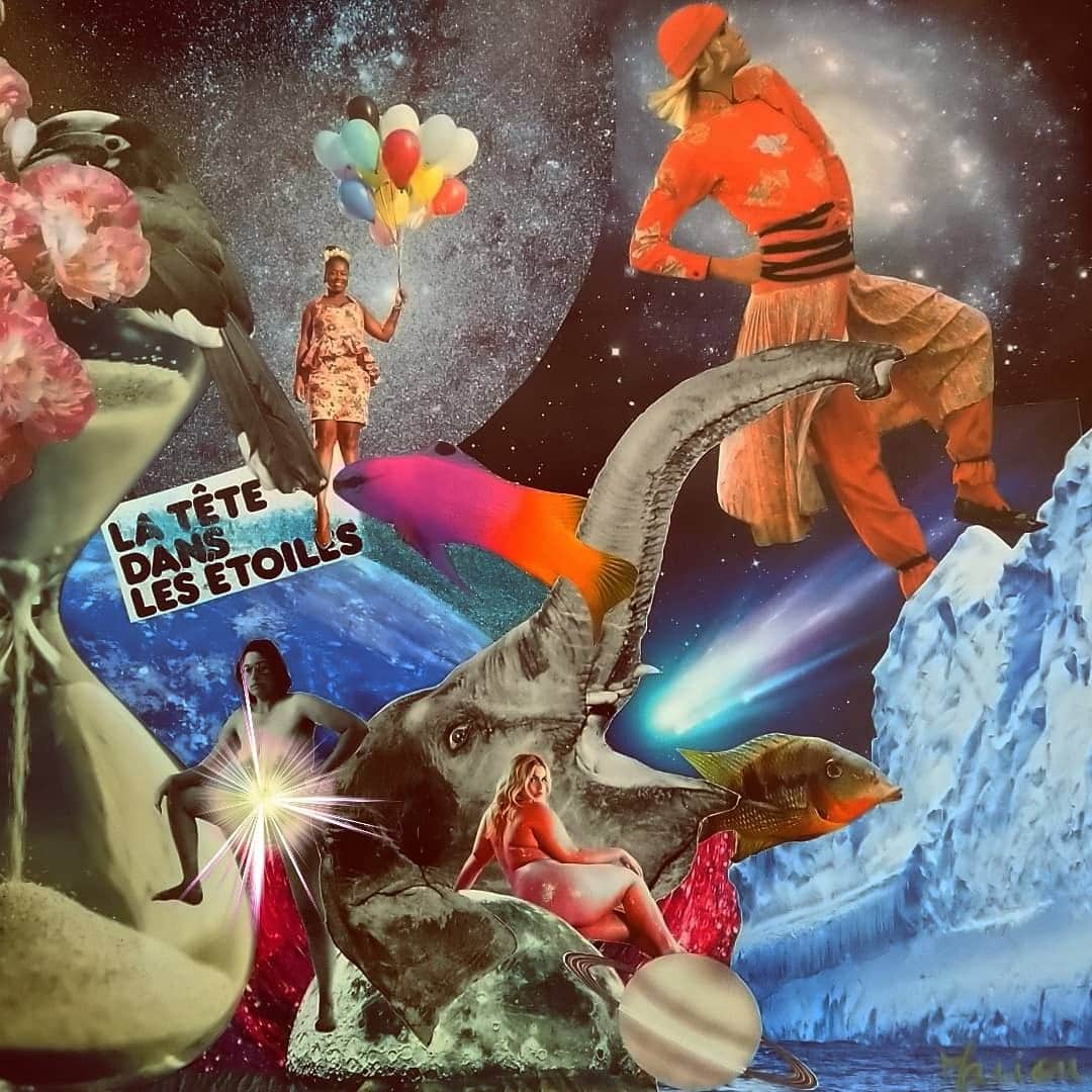 Collage artistique éléphant femme étoile