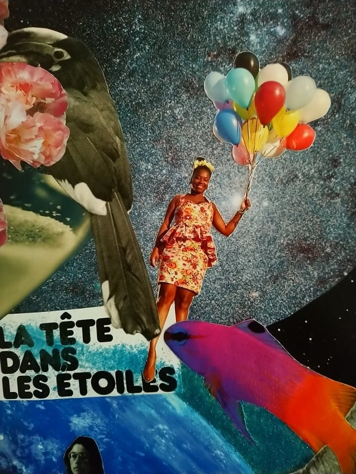 détail femme ballons sablier oiseau poisson