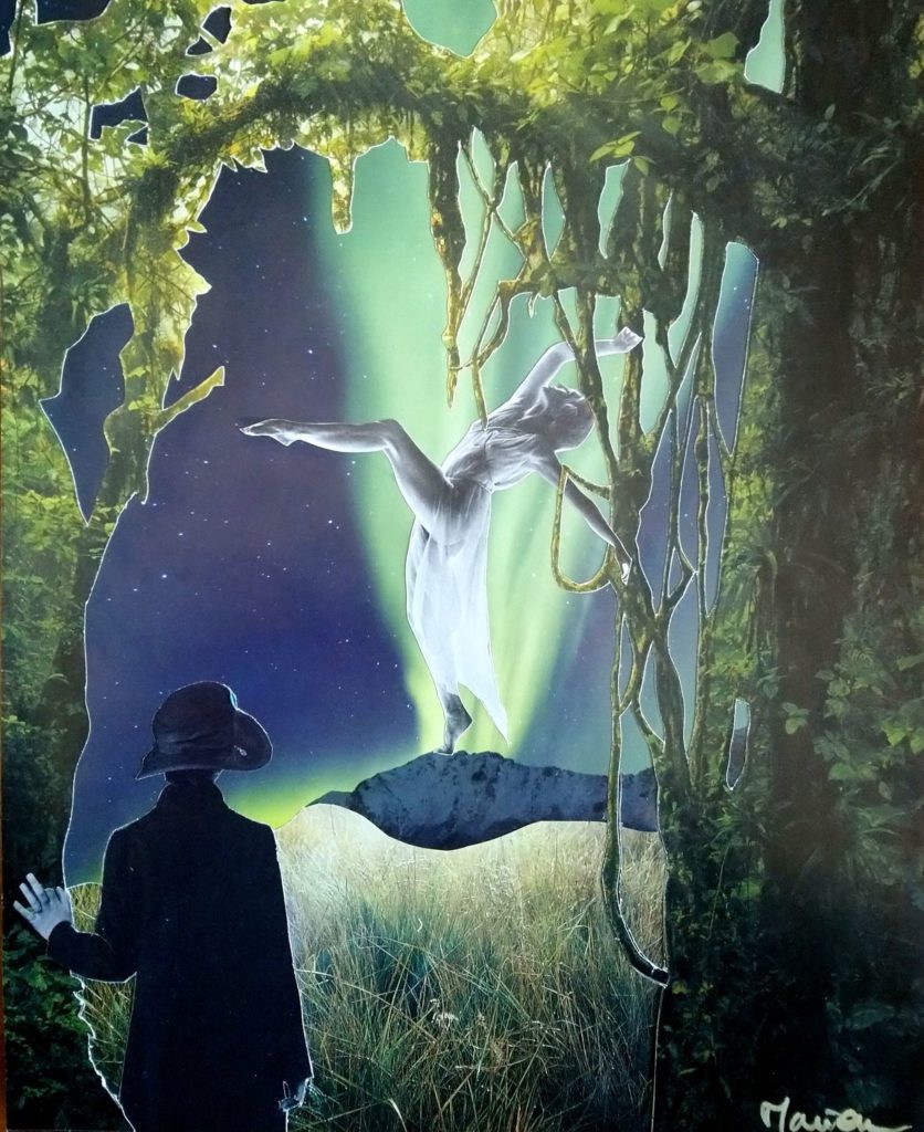 collage artistique la rencontre femmes danseuse montagne aurore boréale liane