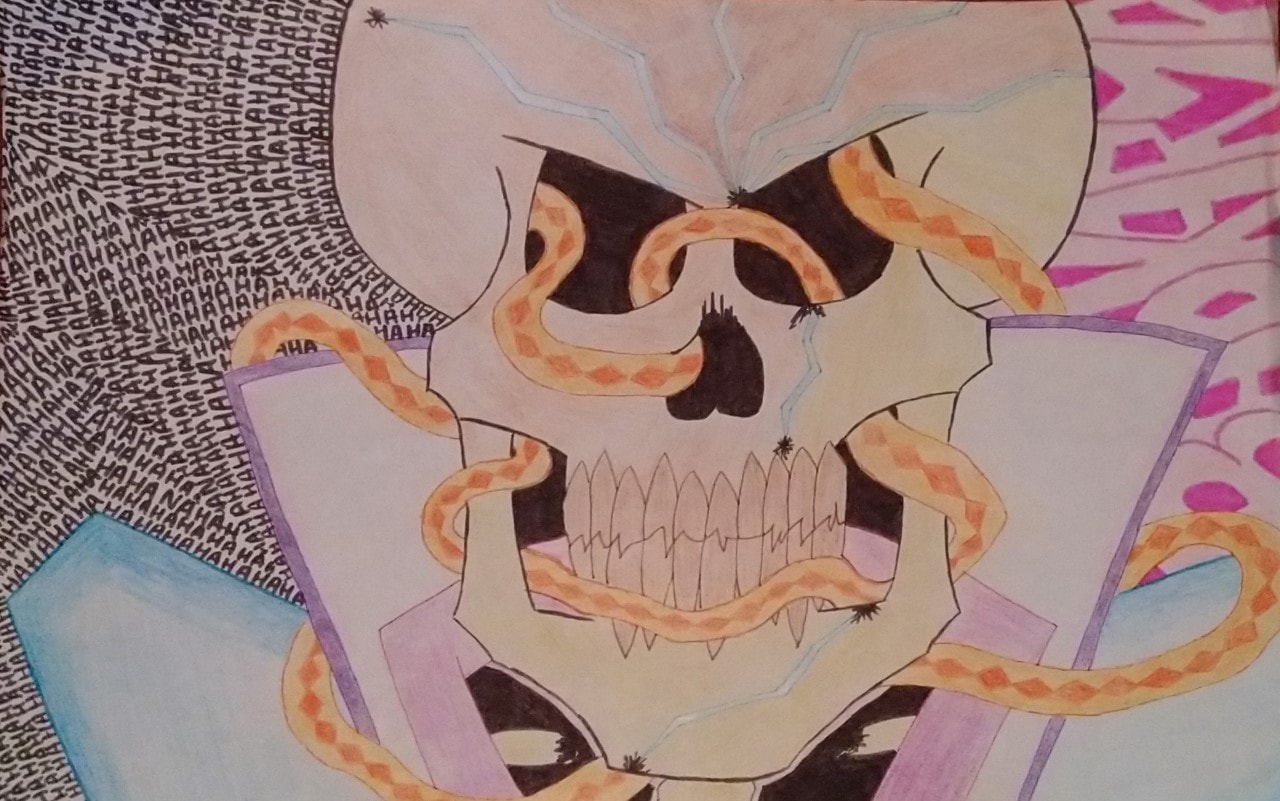 dessin crayon feutre tête de mort colère serpent