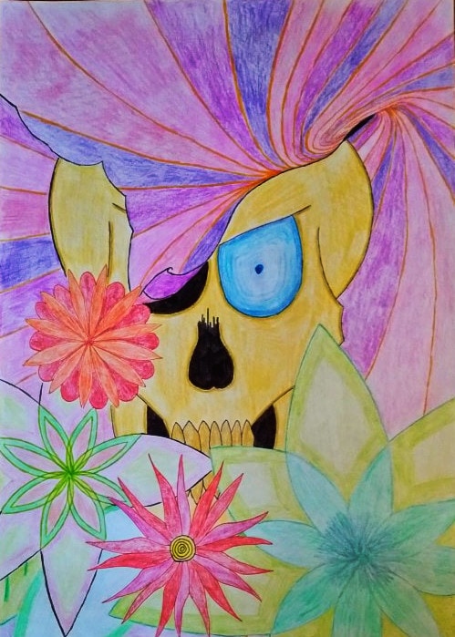 dessin crâne fleurs rock couleurs spirale